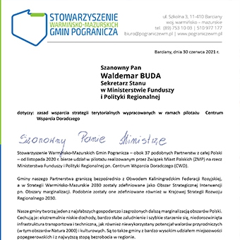 Pismo do Pana Waldemara Budy - Sekretarza Stanu w Ministerstwie Funduszy i Polityki Regionalnej ws. zasad wsparcia strategii terytorialnych